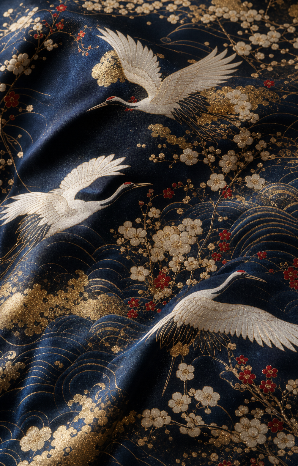 鶴、梅、青海波を描いた藍色の着物アート